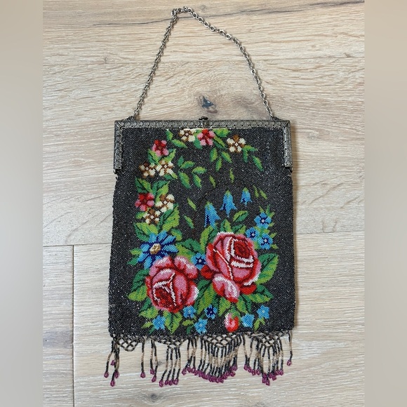 Handbags - Antique Micro Beaded Purse 1900s Rose Flowers Victorian Handbag Vtg *Y17